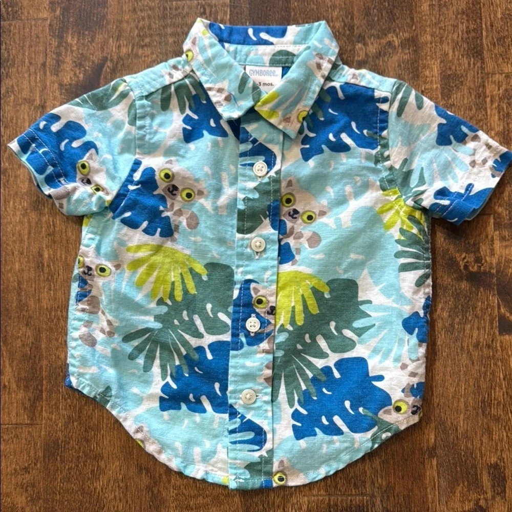 GYMBOREE Lemur Tropical Print Linen Cotton Blend Button Down Shirt Size 0-3